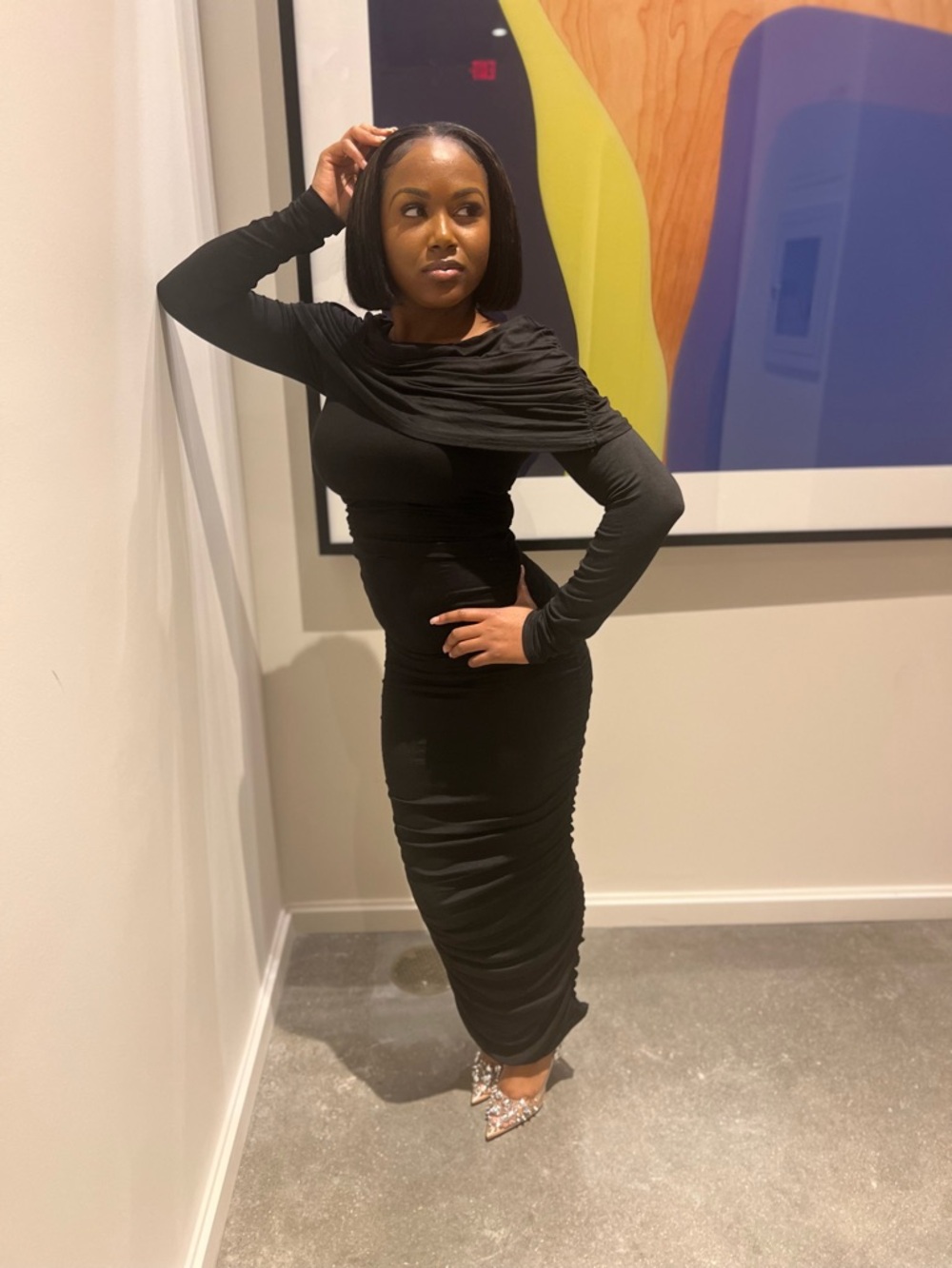 Sleek Black Long-Sleeve Ruched Maxi Dress